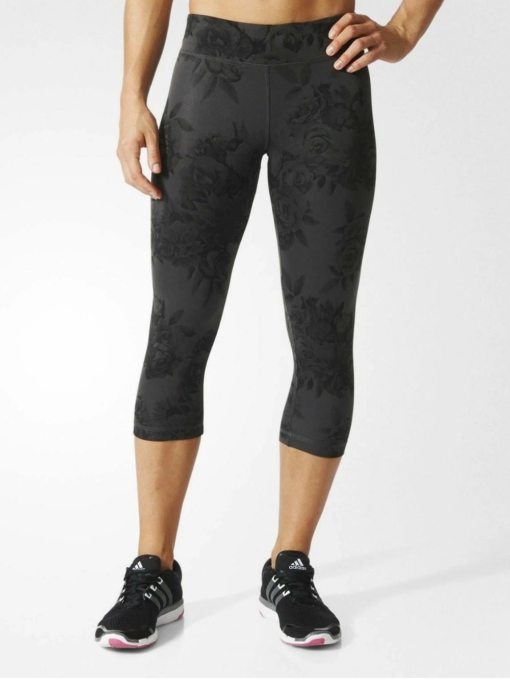 ADIDAS Gray Floral Flower Print TechFit Climalite Capri Cropped Leggings Small